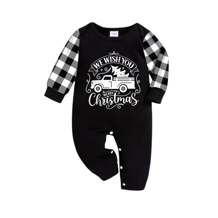 Drune | Schwarz-weiß kariertes Weihnachts-Pyjama-Set mit Auto und "We Wish You A Merry Christmas" Textdruck