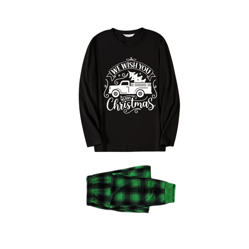 Drune | Weihnachts-Familien-Pyjama-Set - Schwarzes Oberteil und grüne Karopants mit "Frohe Weihnachten" und Weihnachtsauto-Musterprint