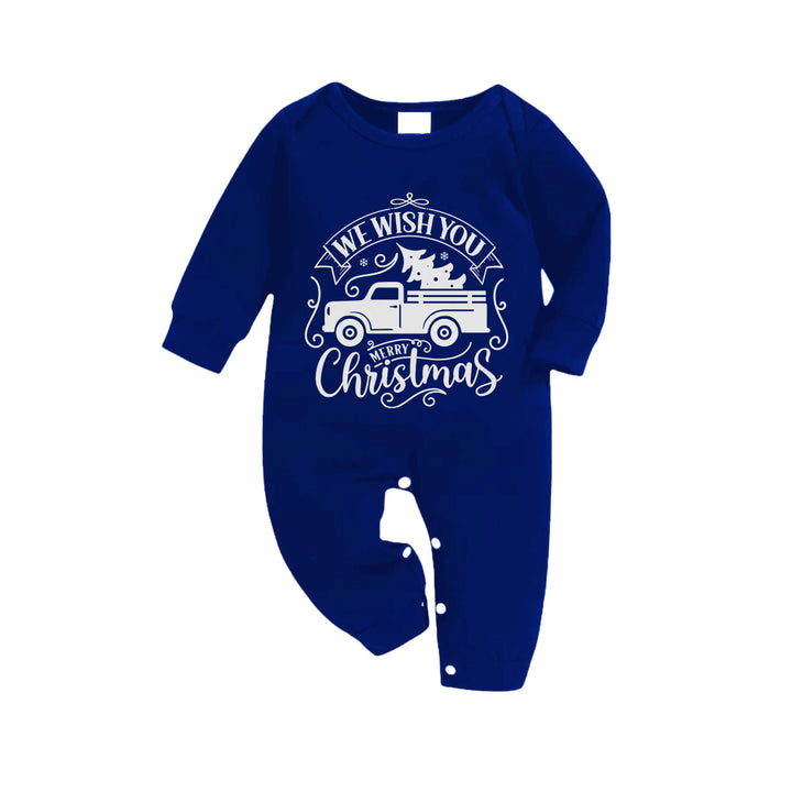 Drune | Weihnachtsfamilienpassende Pyjamas - Marineblau & Weißer karierten PJs Set mit Weihnachtsauto und "Wir wünschen Ihnen frohe Weihnachten" Druck