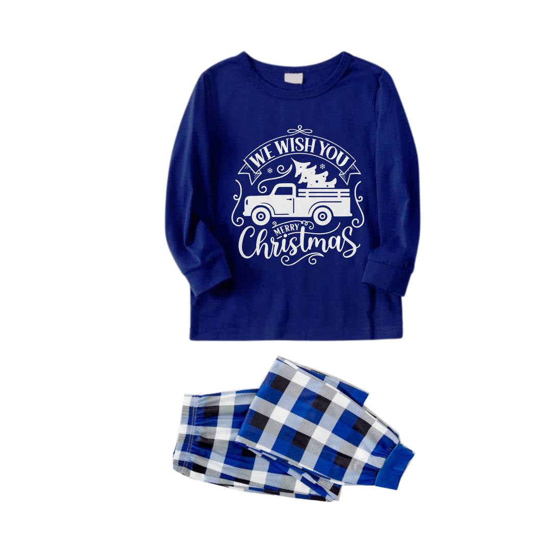 Drune | Weihnachtsfamilienpassende Pyjamas - Marineblau & Weißer karierten PJs Set mit Weihnachtsauto und "Wir wünschen Ihnen frohe Weihnachten" Druck