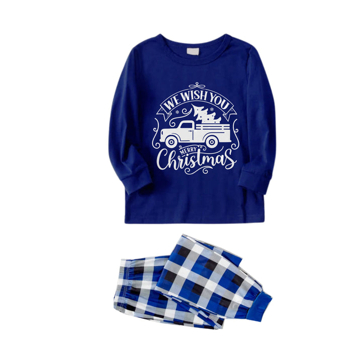 Drune | Weihnachtsfamilienpassende Pyjamas - Marineblau & Weißer karierten PJs Set mit Weihnachtsauto und "Wir wünschen Ihnen frohe Weihnachten" Druck