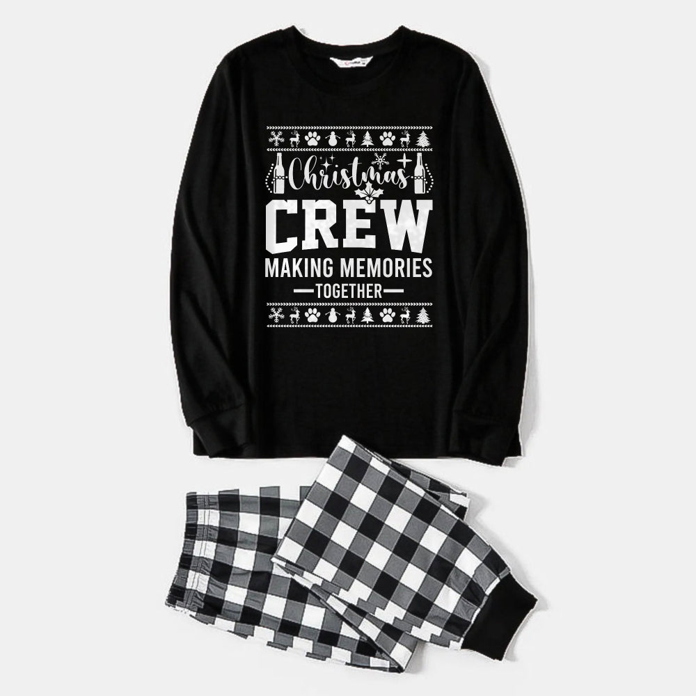 Drune | Schwarz-Weiße Karierte Weihnachts-Pyjama-Set mit Weihnachtsmuster und "Christmas Crew Making Memories Together" Schwarz-Weiß Druck