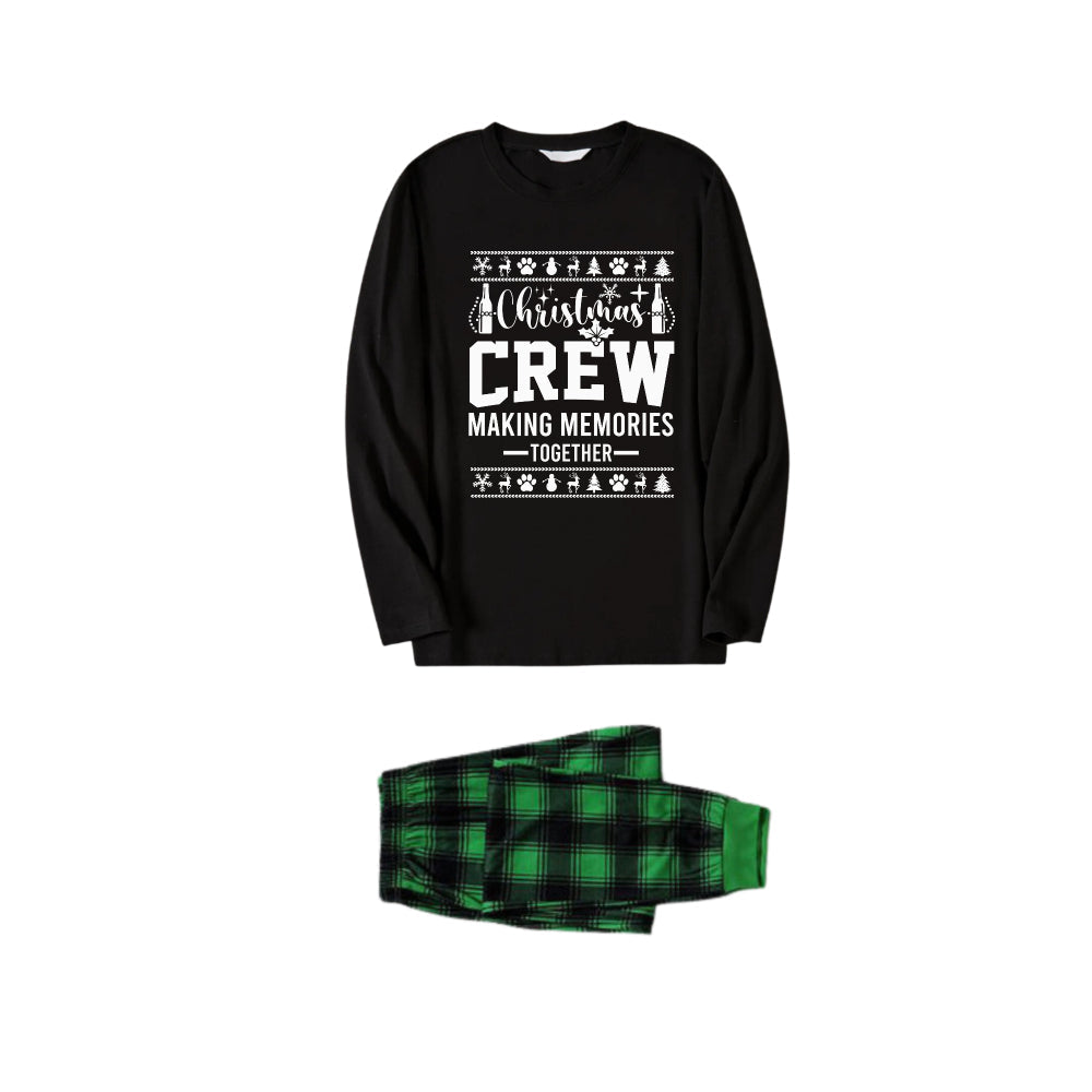 Drune | Weihnachtsfamilie passende Schlafanzüge - Schwarzes Oberteil und grüne Karohosen PJs Set mit "Christmas Crew" und Weihnachtsmuster Druck