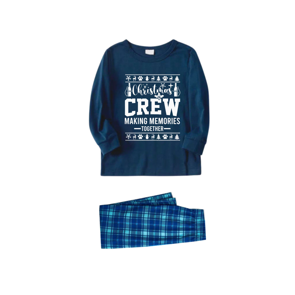 Drune | Weihnachtsfamilien-Matching-Pyjamas - Navy & Himmelblau Karierte Pjs Set mit "Christmas Crew Making Memories Together" und Weihnachtsmuster-Druck