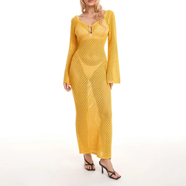 Drune | Maxi Strickkleid Häkeltextur V-ausschnitt Lange Ärmel Fließender Boho Stil