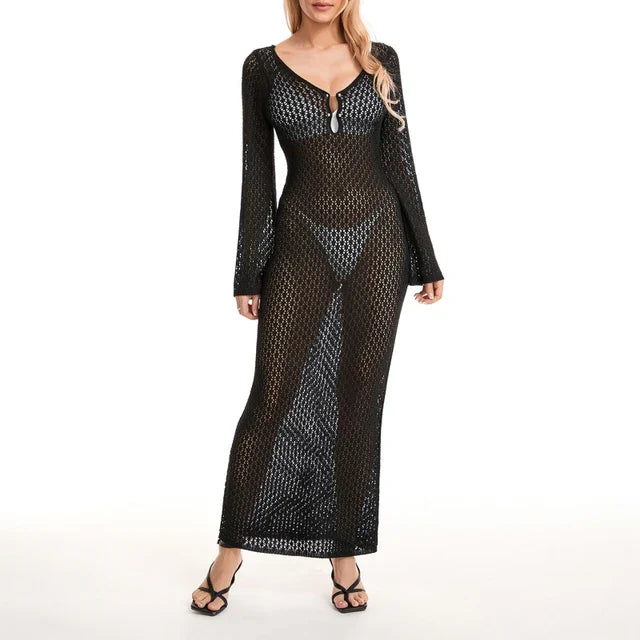 Drune | Maxi Strickkleid Häkeltextur V-ausschnitt Lange Ärmel Fließender Boho Stil