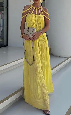 Drune | Modern und Raffinierte Maxikleid mit Drapierten Zöpfen In Leinenmischung