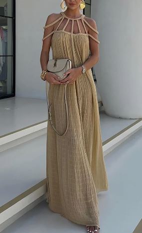 Drune | Modern und Raffinierte Maxikleid mit Drapierten Zöpfen In Leinenmischung