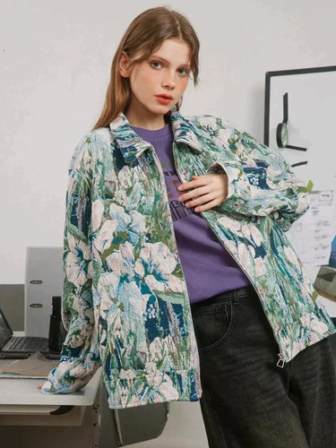 Drune | Oversized glänzende Jacke mit Blumenmuster.