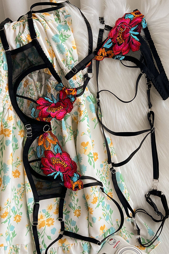 Drune | Satin Durchsichtige Blumen 3 Teile Lingerie Set