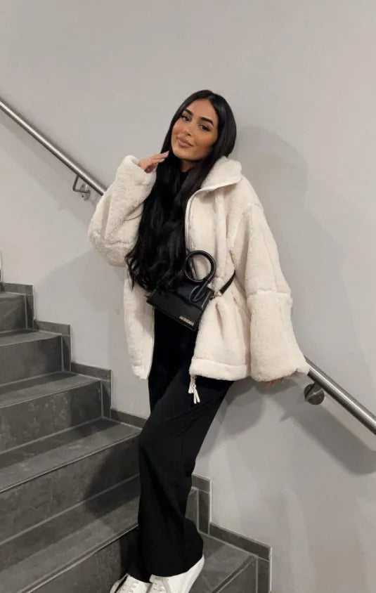Drune | Oversized Teddyjacke mit Kapuze Fleece Warm und Komfortabel
