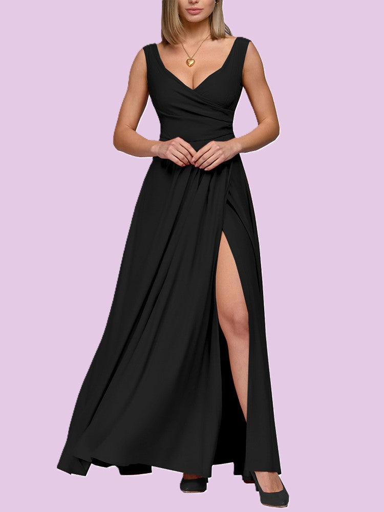 Drune | Elegantes Maxi Kleid mit Tiefem V-Ausschnitt und Schlitz