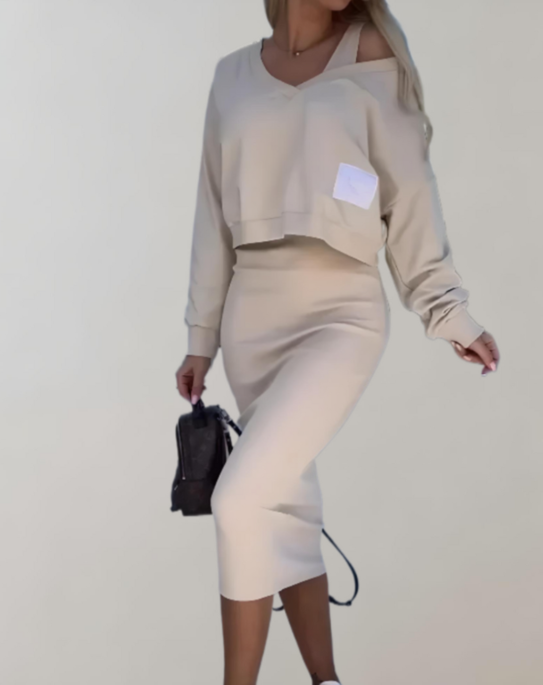 Drune | 3-teiliges Strick-Set - V-Ausschnitt Top und Midi-Rock für Damen