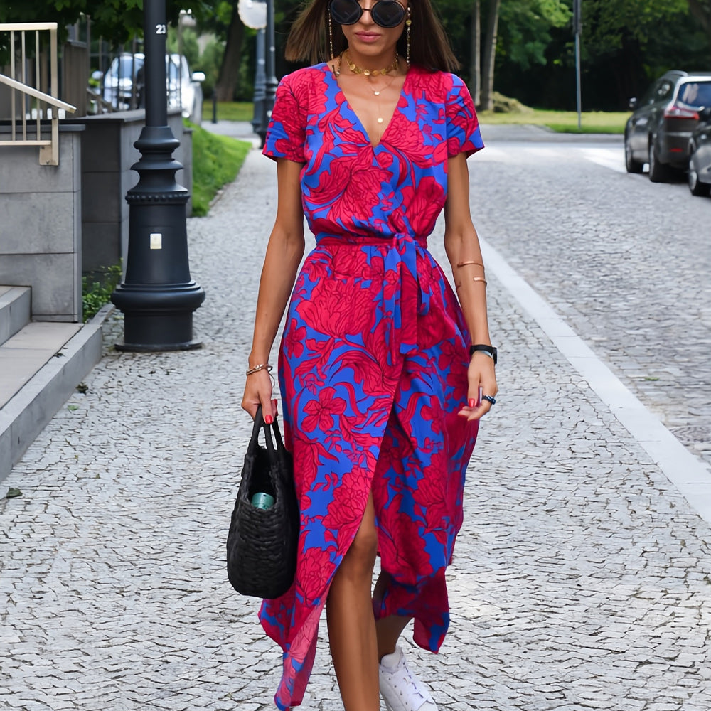 Drune | bedrucktes V-Ausschnitt Sommerkleid mit Schlitz