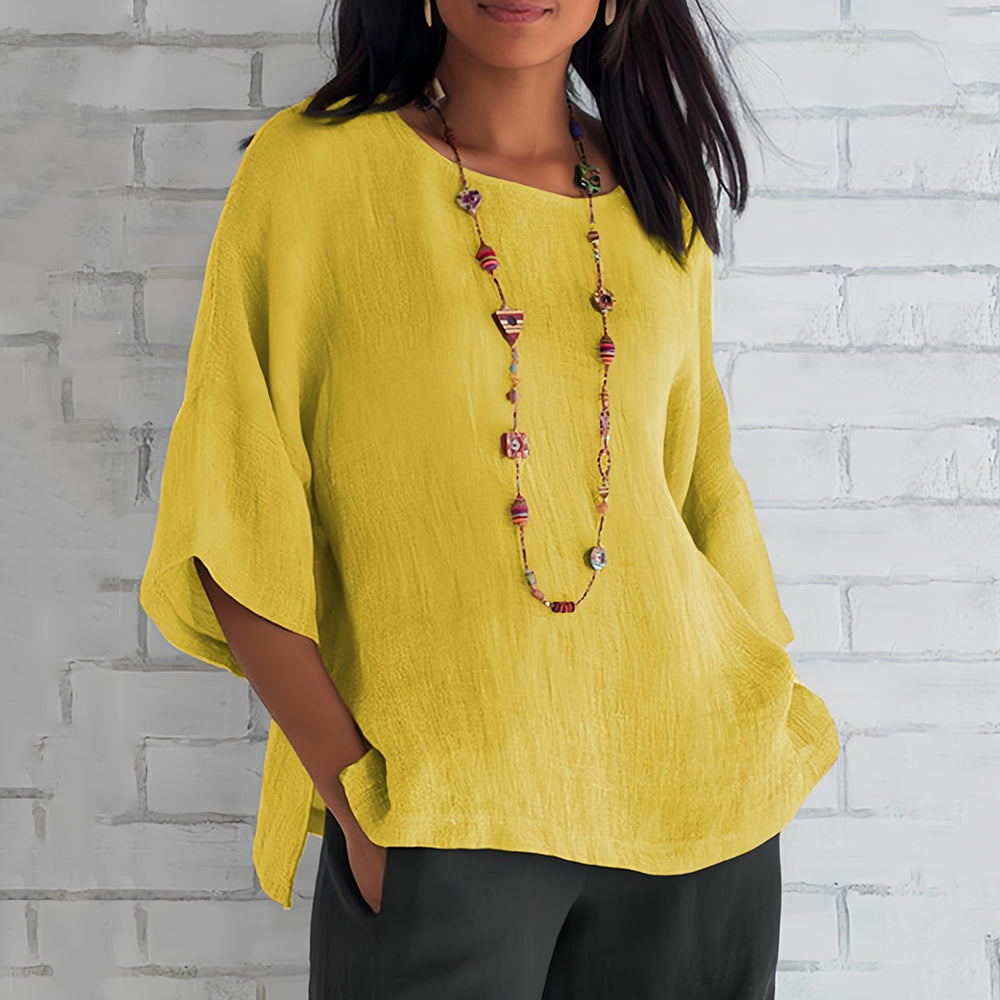 Drune | Rosafarbenes, Lockeres Rundhals-Shirt mit 3/4-Ärmeln für Damen