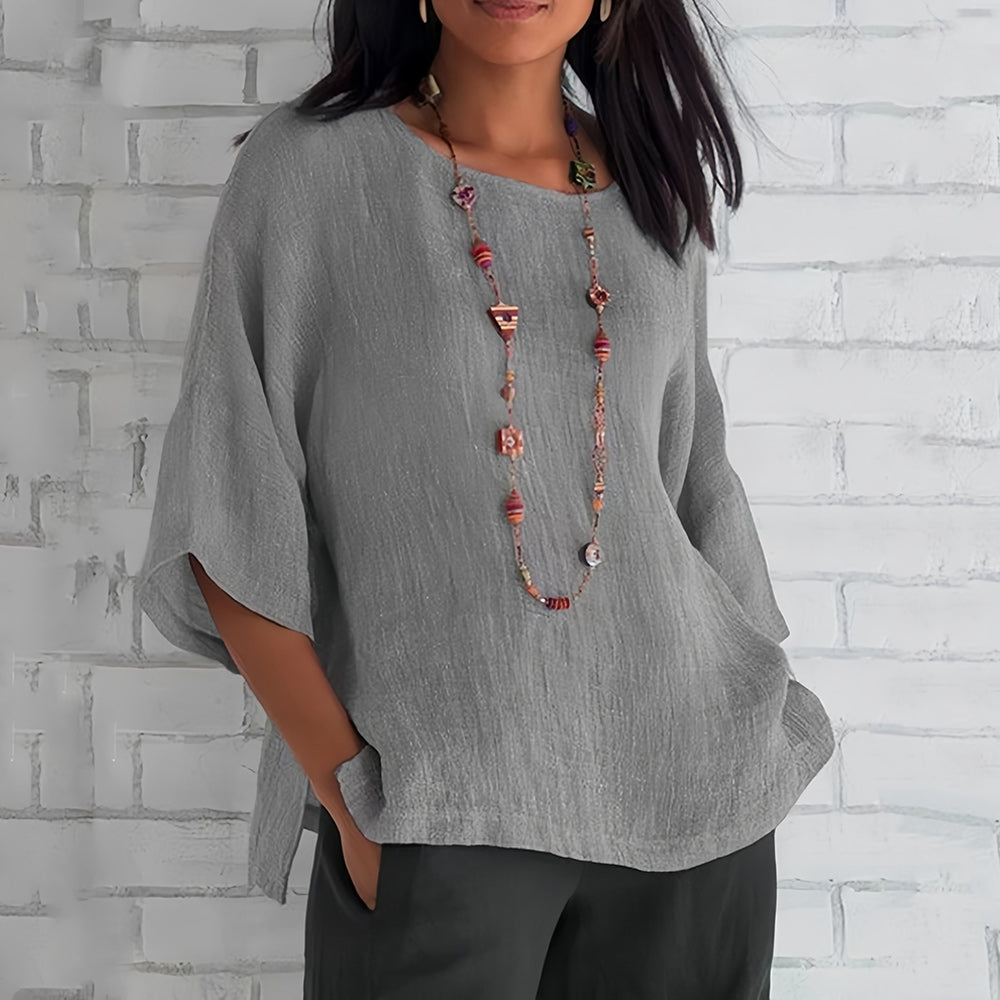 Drune | Rosafarbenes, lockeres Rundhals-Shirt mit 3/4-Ärmeln für Damen