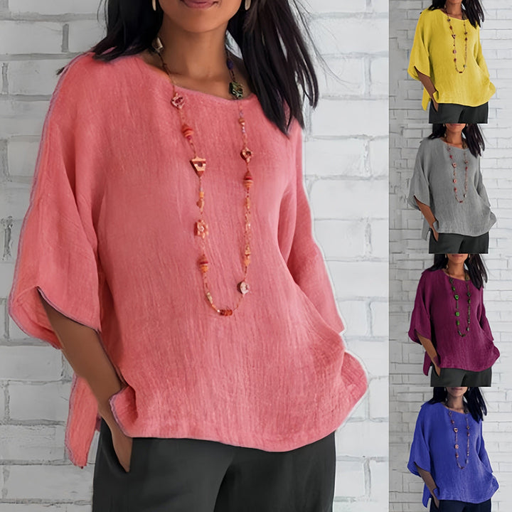 Drune | Rosafarbenes, lockeres Rundhals-Shirt mit 3/4-Ärmeln für Damen