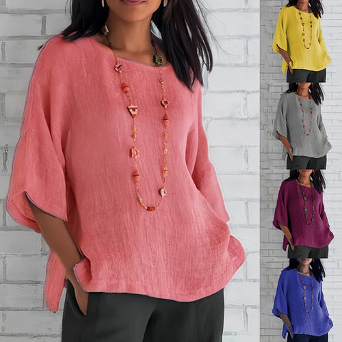 Drune | Rosafarbenes, lockeres Rundhals-Shirt mit 3/4-Ärmeln für Damen