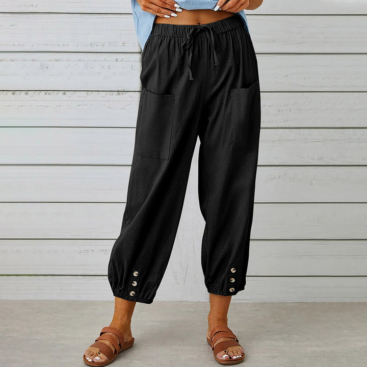 Drune | kurze Damen-Overalls aus Baumwolle und Leinen mit Taschen und Knöpfen