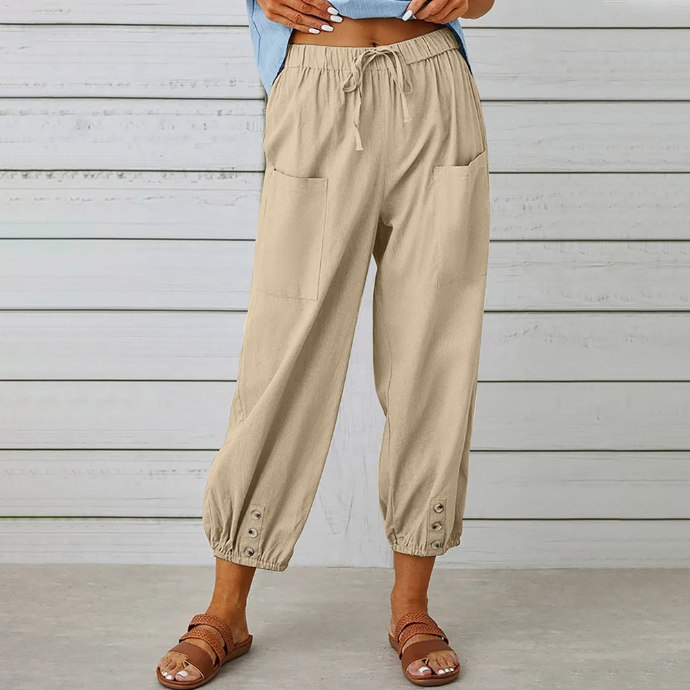 Drune | kurze Damen-Overalls aus Baumwolle und Leinen mit Taschen und Knöpfen