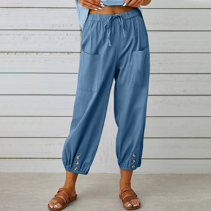 Drune | kurze Damen-Overalls aus Baumwolle und Leinen mit Taschen und Knöpfen