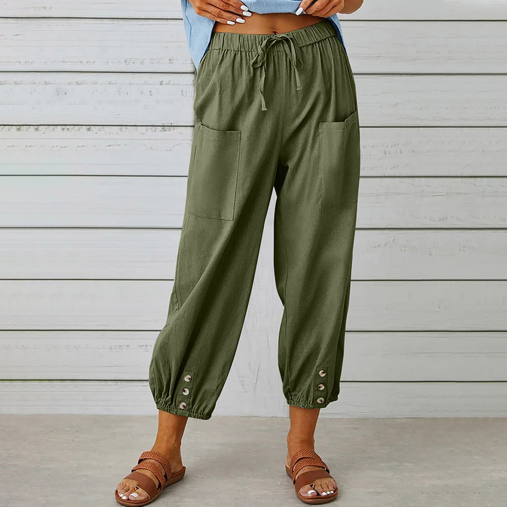 Drune | kurze Damen-Overalls aus Baumwolle und Leinen mit Taschen und Knöpfen