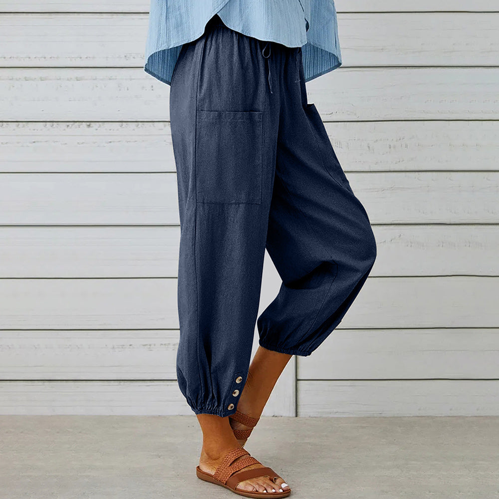 Drune | kurze Damen-Overalls aus Baumwolle und Leinen mit Taschen und Knöpfen