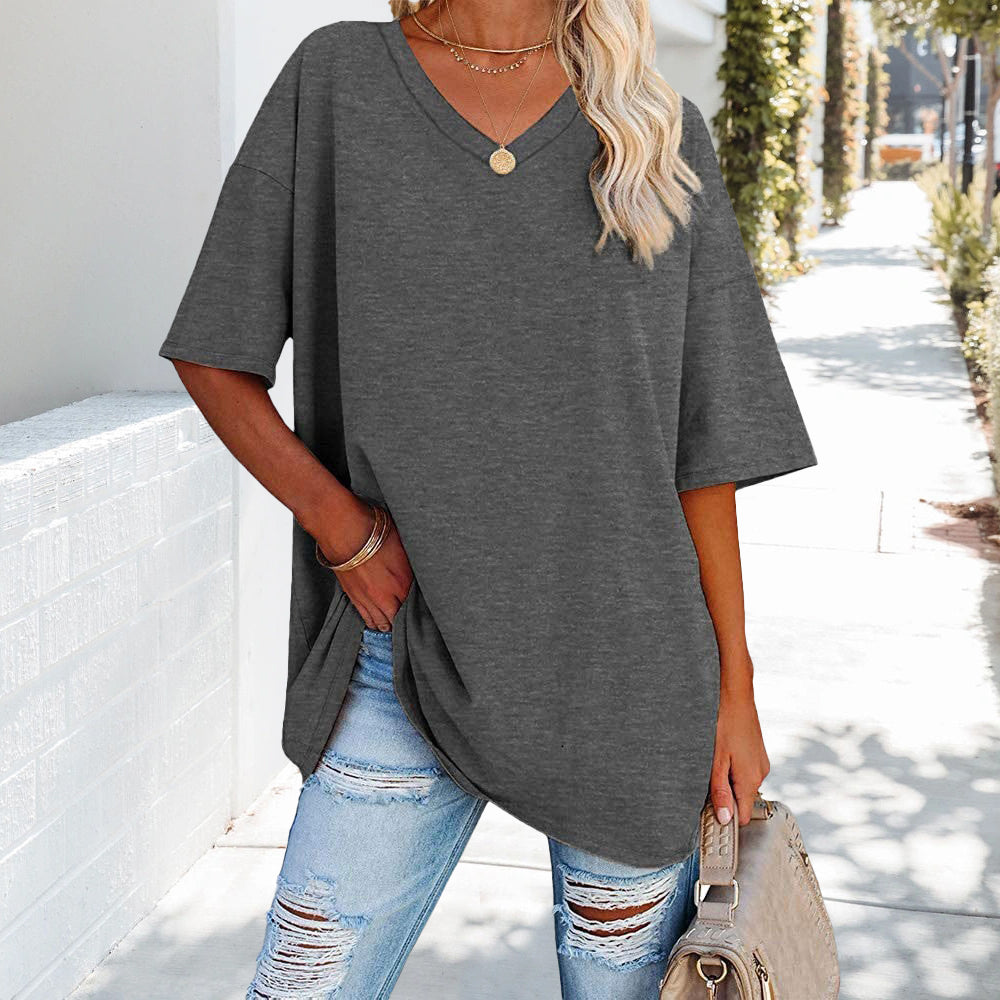 Drune | einfarbiges neues Damen-T-Shirt aus Baumwolle mit V-Ausschnitt