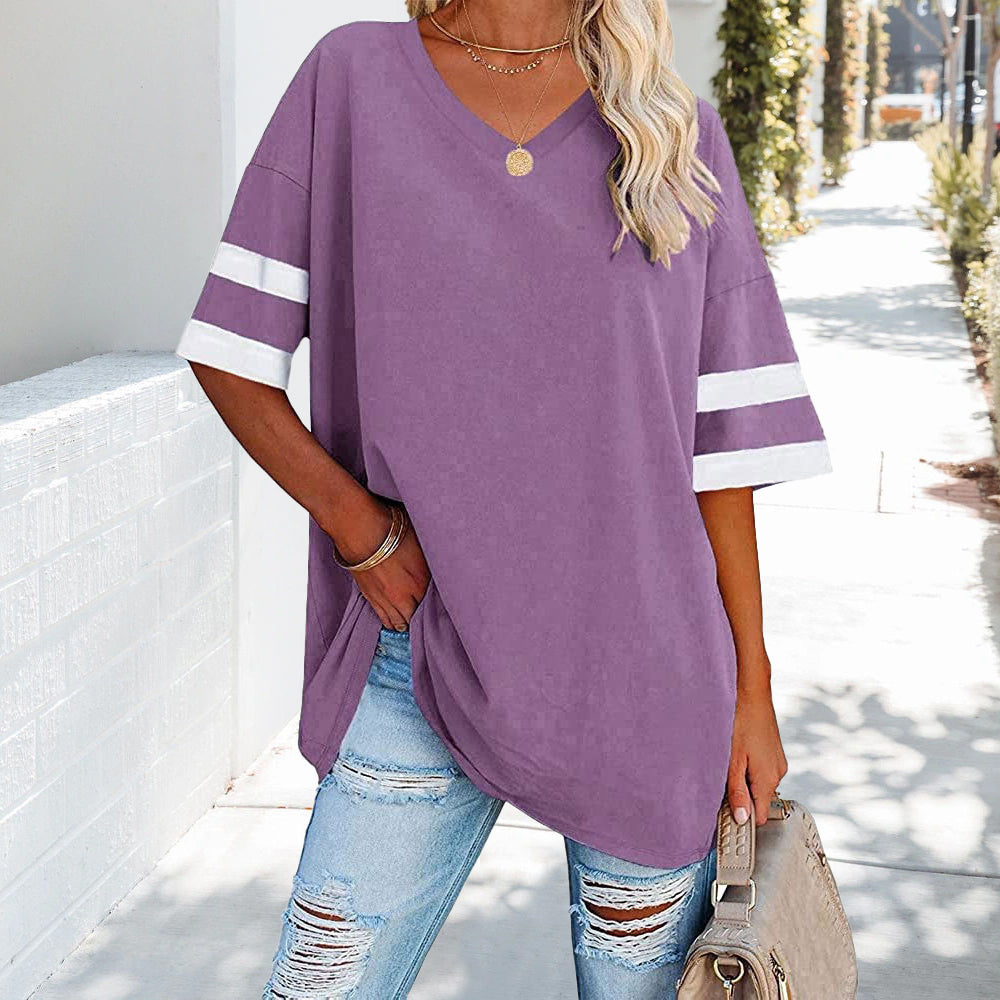 Drune | Kontrastfarbenes, lockeres Damen-T-Shirt mit V-Ausschnitt