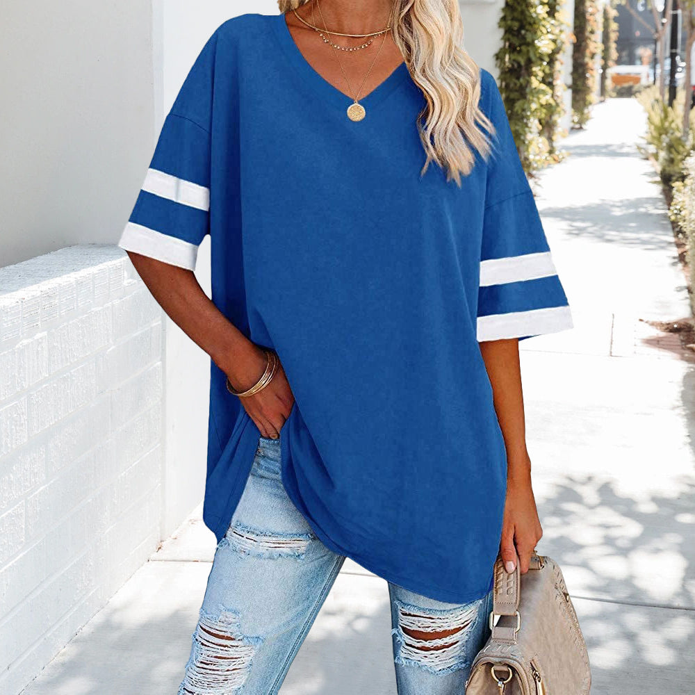 Drune | Kontrastfarbenes, lockeres Damen-T-Shirt mit V-Ausschnitt