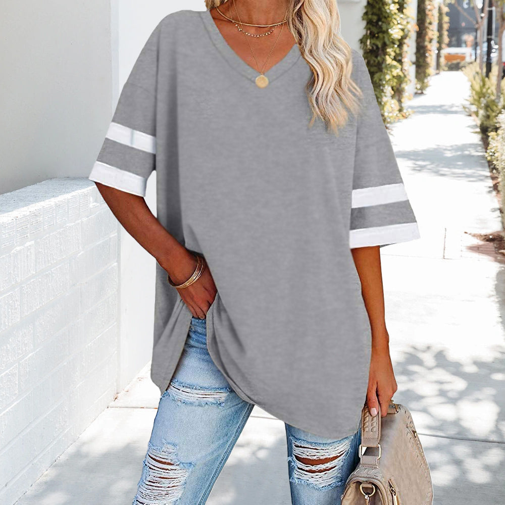 Drune | Kontrastfarbenes, lockeres Damen-T-Shirt mit V-Ausschnitt