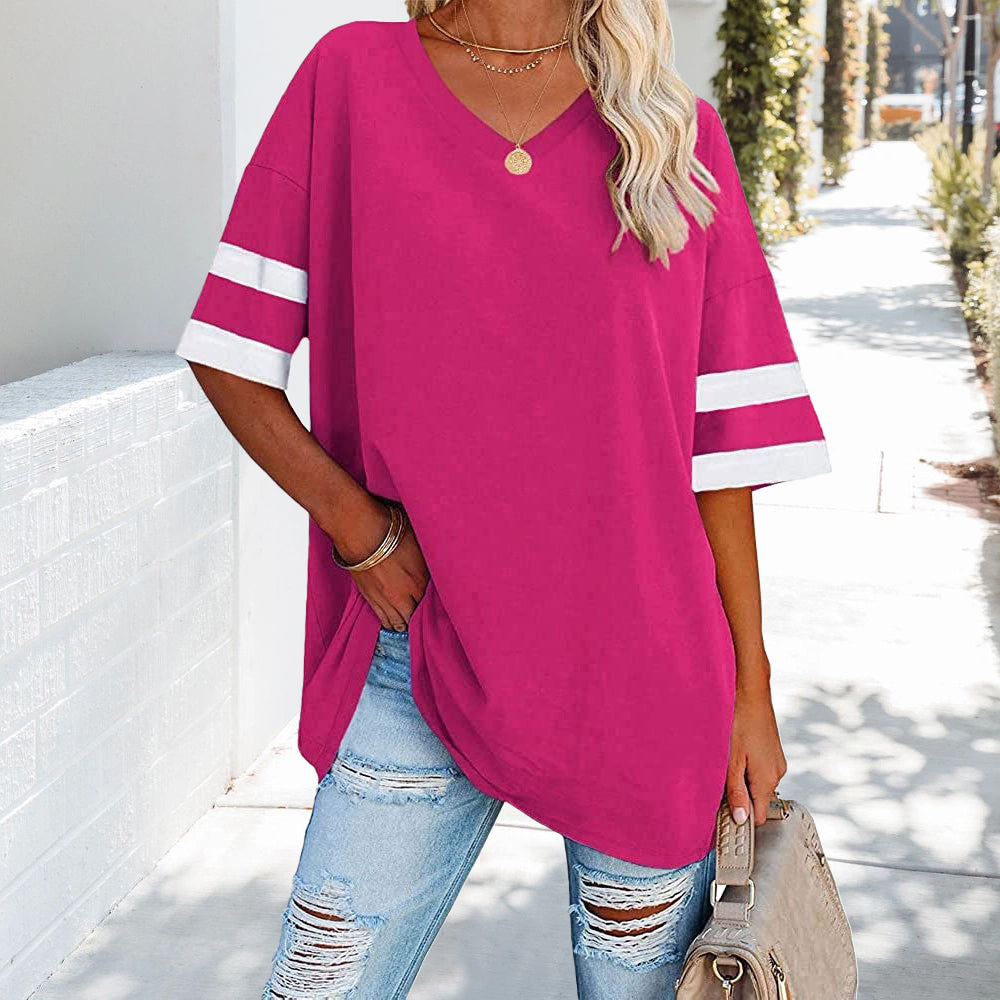 Drune | Kontrastfarbenes, lockeres Damen-T-Shirt mit V-Ausschnitt
