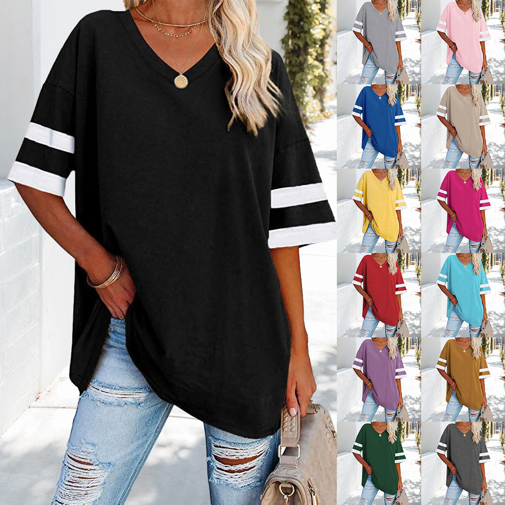 Drune | Kontrastfarbenes, lockeres Damen-T-Shirt mit V-Ausschnitt
