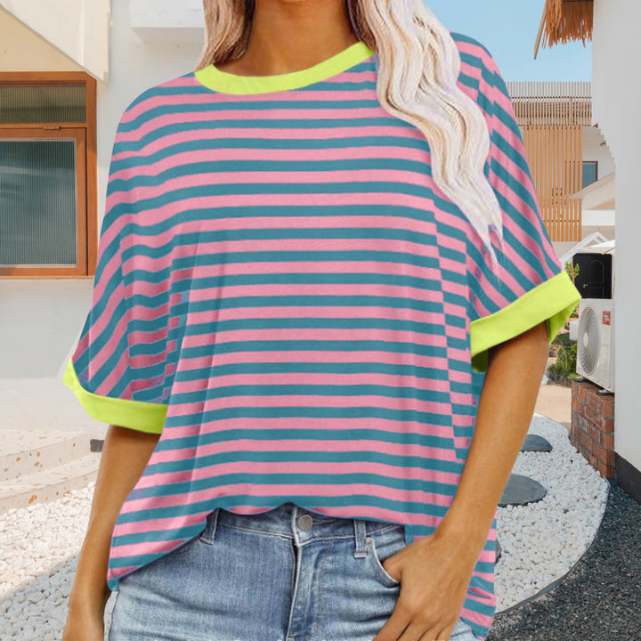Drune | sommer Damen Neue Einfache Gestreiften Rundhals Trendy Kurzen Ärmeln