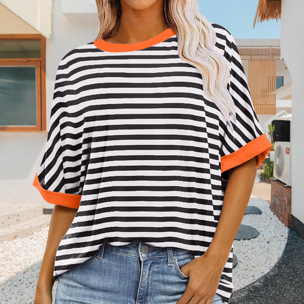 Drune | sommer Damen Neue Einfache Gestreiften Rundhals Trendy Kurzen Ärmeln