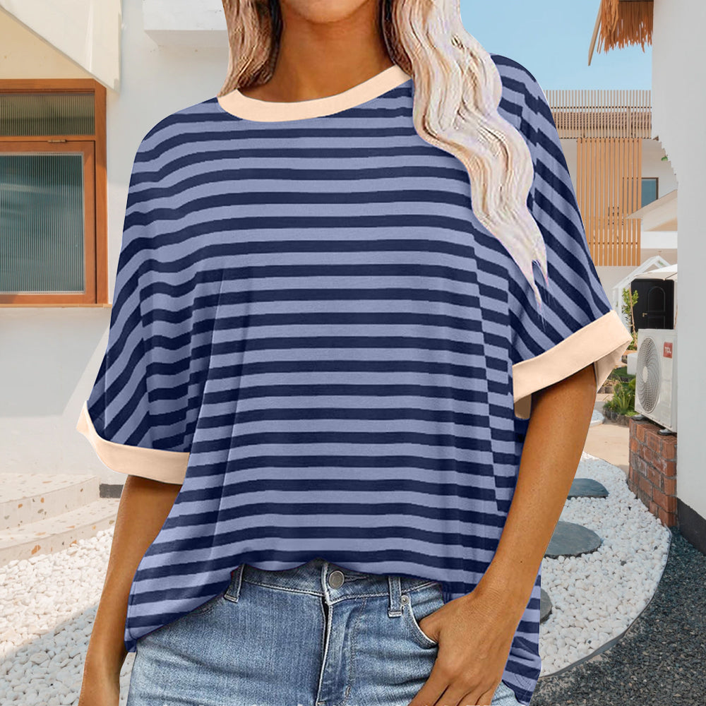 Drune | sommer Damen Neue Einfache Gestreiften Rundhals Trendy Kurzen Ärmeln