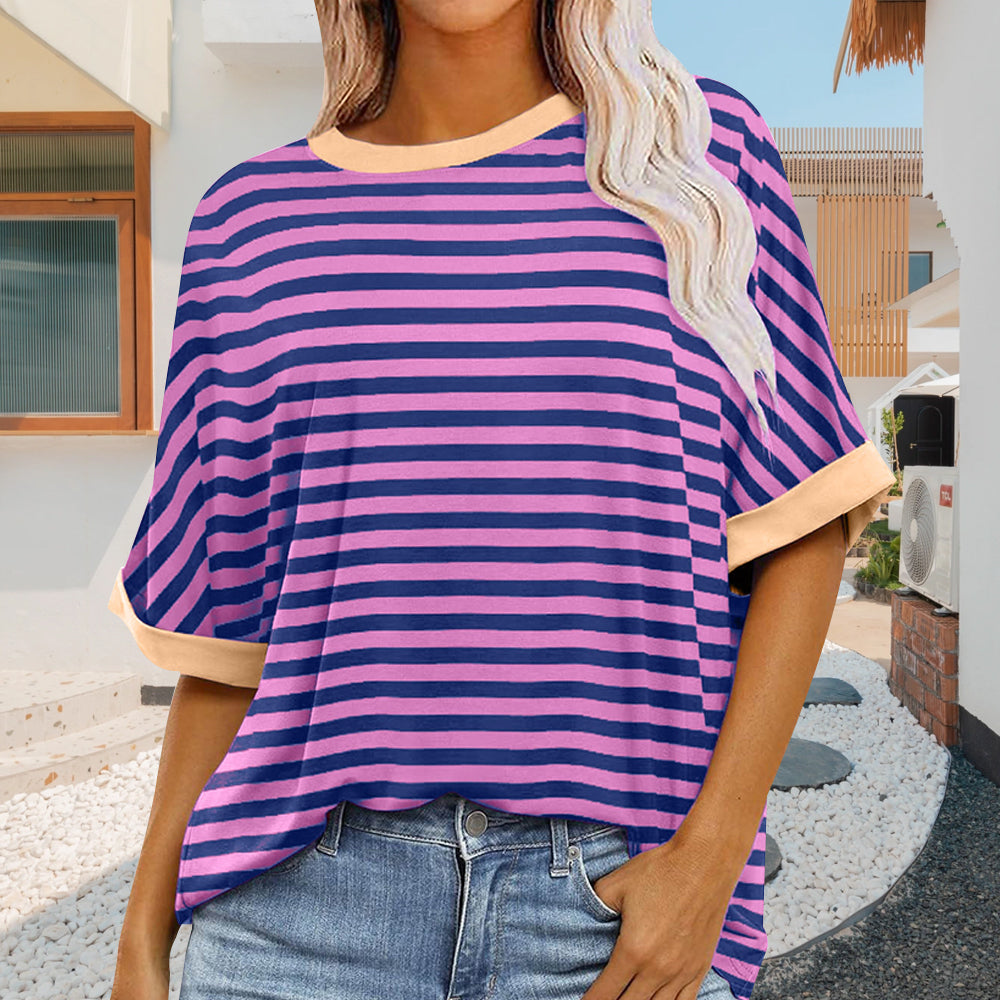 Drune | sommer Damen Neue Einfache Gestreiften Rundhals Trendy Kurzen Ärmeln