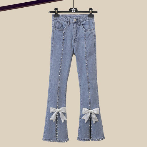 Drune | Fleur Retro Glam Set - Weicher cremefarbener Pullover & Jeans mit Perlenverzierung