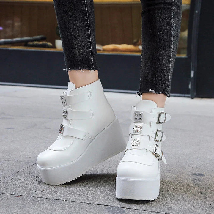 Drune | Knöchelstiefel für Damen Street Mode Lässig Wedge Plattform Schuhe Größe 43 Super Hoher Absatz Riemenschnalle Designer Stiefel Weiblich