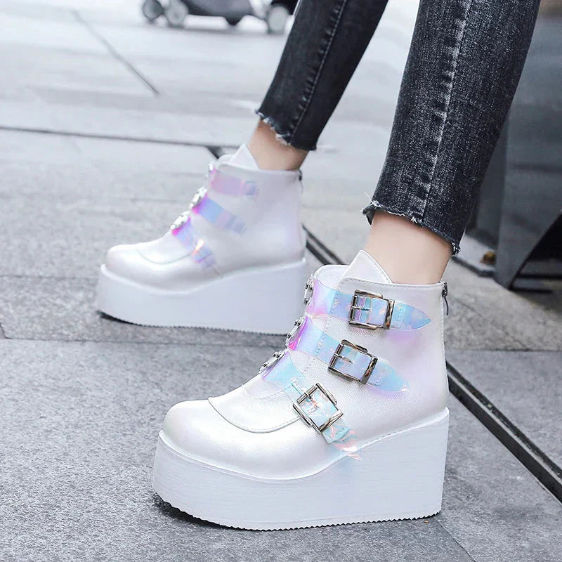 Drune | Knöchelstiefel für Damen Street Mode Lässig Wedge Plattform Schuhe Größe 43 Super Hoher Absatz Riemenschnalle Designer Stiefel Weiblich