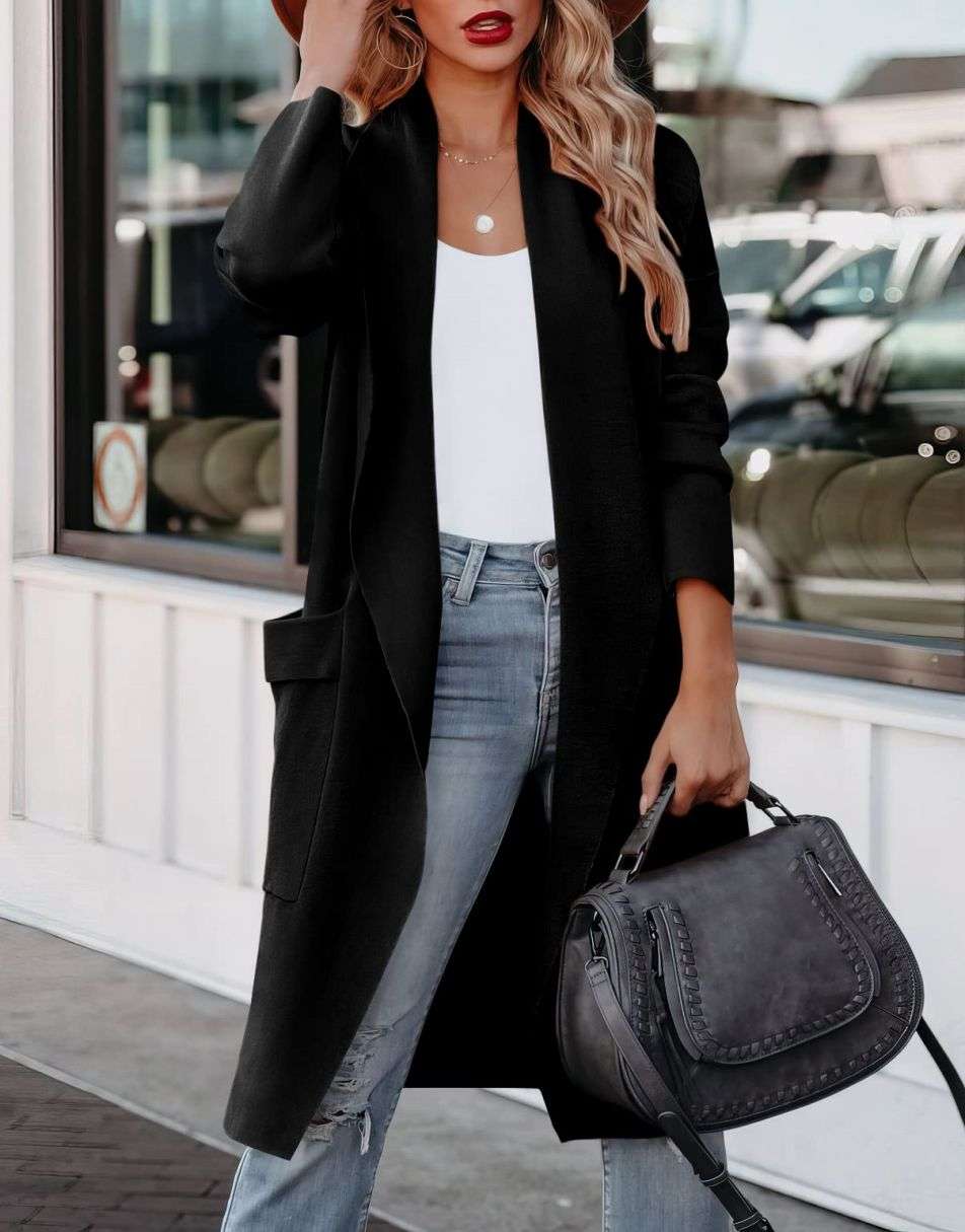 Drune | Lange Strickjacke mit Offener Vorderseite Im Lässigen Stil