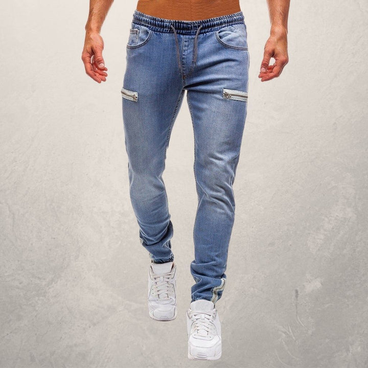 Drune | Jogger Jeans Slim Tapered Fit Elastischer Bund Reißverschlusstaschen Komfort Stretch