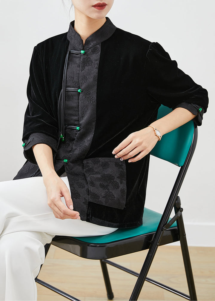 Drune | Schwarze Fransen-Patchwork-Jacquard-Seide-Veloursmäntel