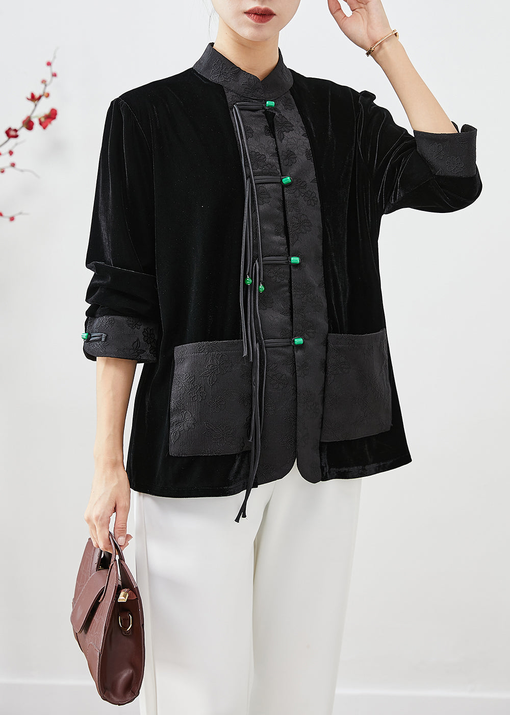 Drune | Schwarze Fransen-Patchwork-Jacquard-Seide-Veloursmäntel