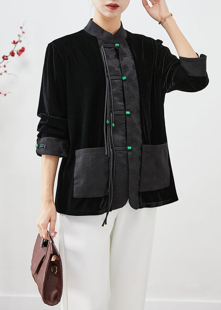 Drune | Schwarze Fransen-Patchwork-Jacquard-Seide-Veloursmäntel