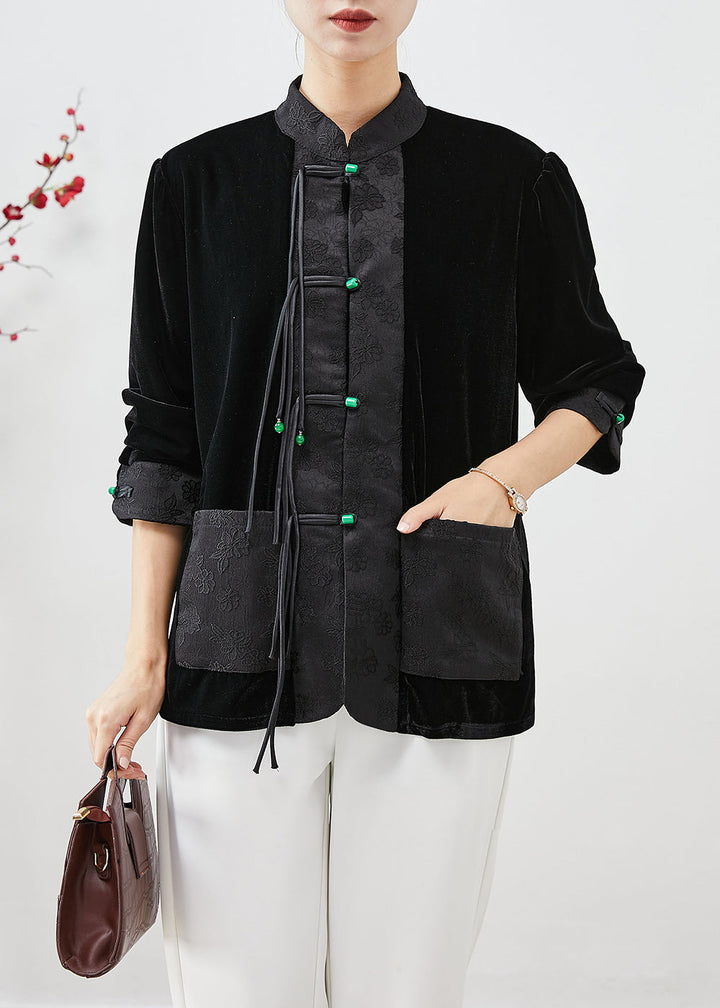 Drune | Schwarze Fransen-Patchwork-Jacquard-Seide-Veloursmäntel