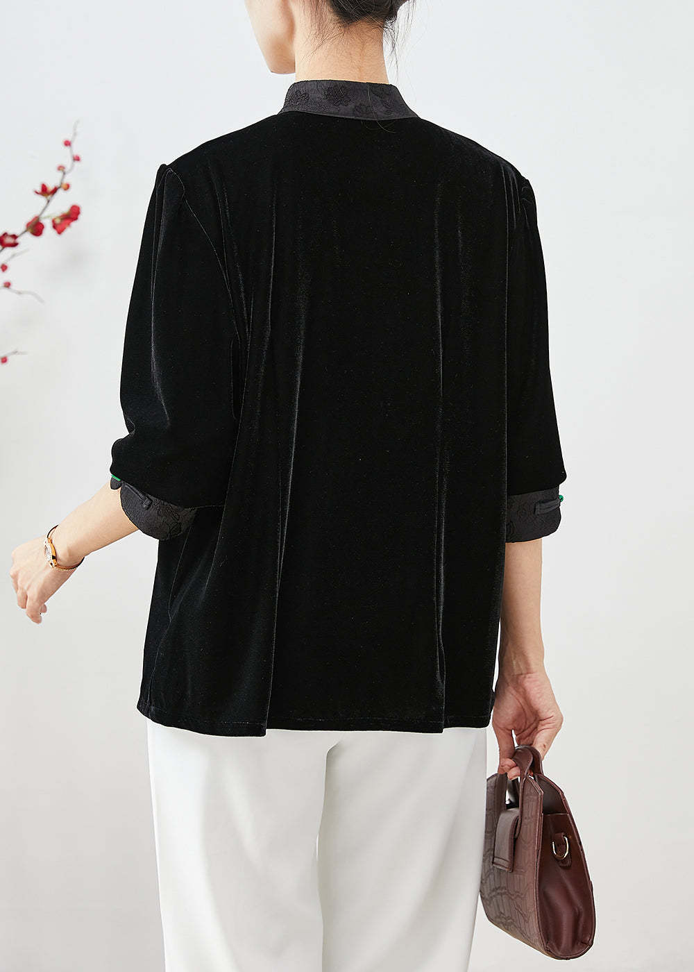 Drune | Schwarze Fransen-Patchwork-Jacquard-Seide-Veloursmäntel