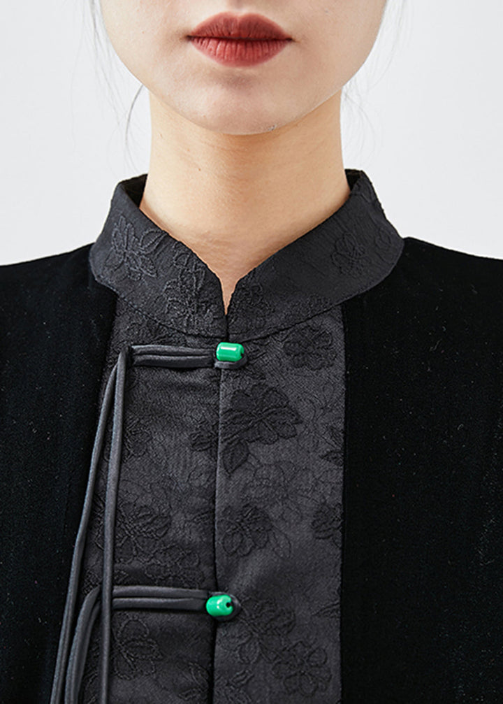Drune | Schwarze Fransen-Patchwork-Jacquard-Seide-Veloursmäntel