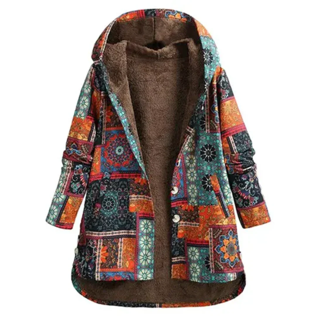 Drune | Damen Kapuzenjacke aus Boho-Patchwork mit warmer Fütterung