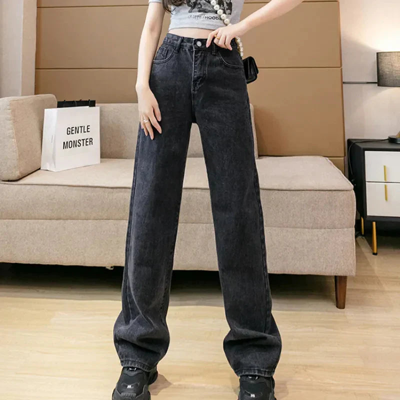 Drune | Herbst Frühling Jeans Frauen Denim Hosen Vintage Gerade Hosen Mode Female Weiße Schwarze Einfarbige Lockere Entspannte Weite Bein Hosen